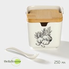 Банка для хранения сыпучих продуктов с ложкой «Эстет. Овощи», 250 мл, с бамбуковой крышкой, фарфоровая, белая - Фото 1