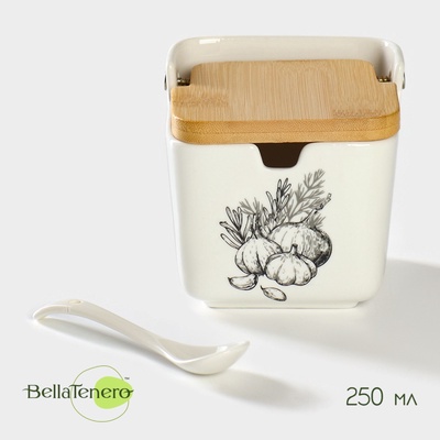 Банка для хранения сыпучих продуктов с ложкой «Эстет. Овощи», 250 мл, с бамбуковой крышкой, фарфоровая, белая
