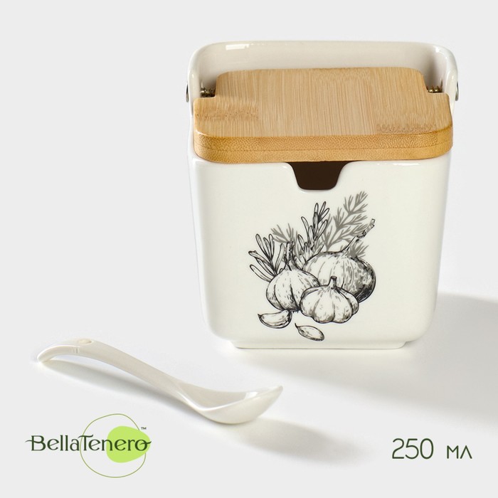 Банка для хранения сыпучих продуктов с ложкой «Эстет. Овощи», 250 мл, с бамбуковой крышкой, фарфоровая, цвет белый - Фото 1