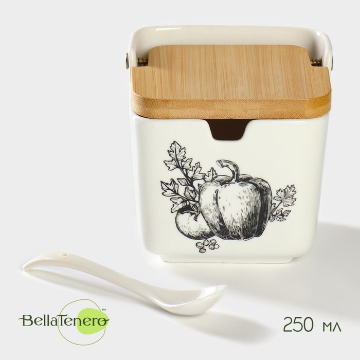 Банка для хранения сыпучих продуктов с ложкой BellaTenero «Эстет. Овощи», 250 мл, с бамбуковой крышкой, фарфоровая, цвет белый - Фото 1