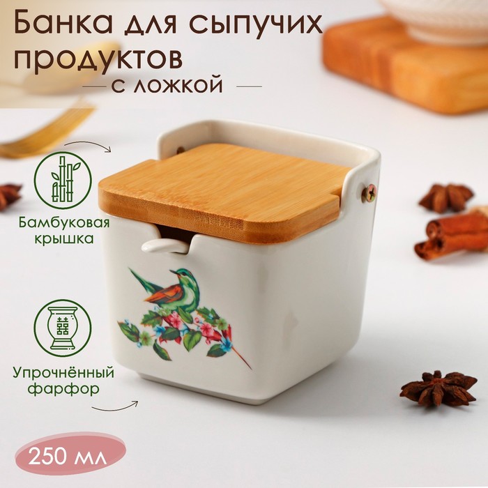 Банка фарфоровая для сыпучих продуктов с ложкой Доляна «Эстет. Колибри», 250 мл, цвет белый - Фото 1