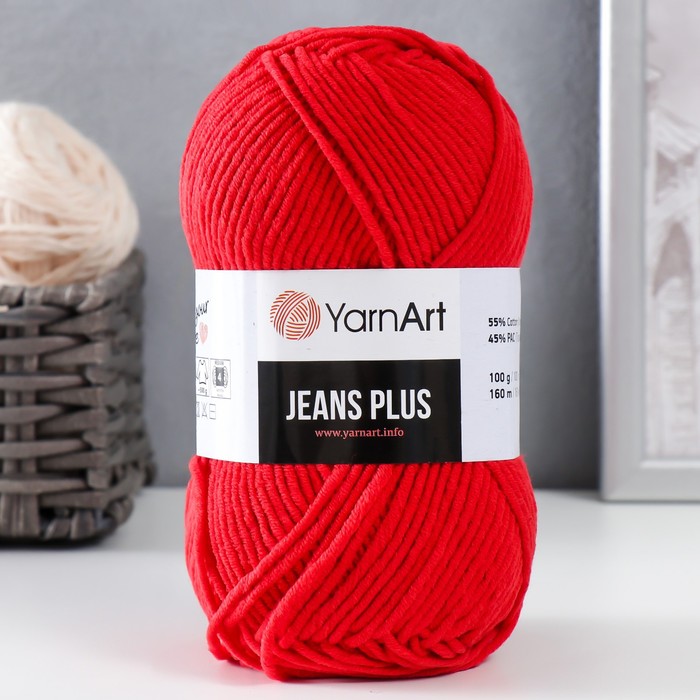 Пряжа "Jeans plus" 55% хлопок, 45% акрил 160м/100гр (90 алый) - Фото 1