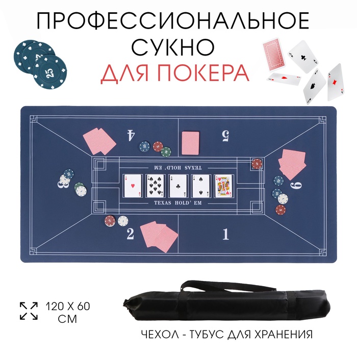 Сукно для покера, прорезиненное, 120×60 см, толщина 3 мм, синее - Фото 1