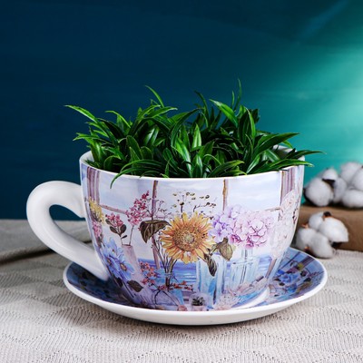 Горшок для цветов в форме чашки «Блум: Марсель» керамический, с поддоном, 1 л, 19×24×12 см, бело-голубой с рисунком