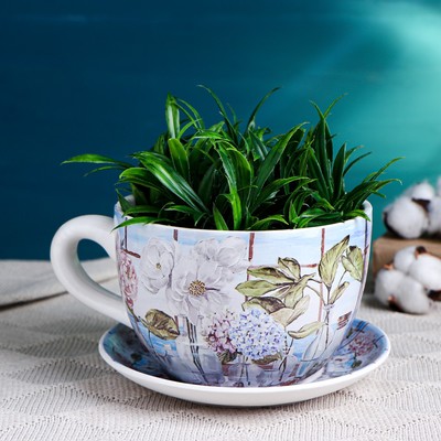 Горшок для цветов в форме чашки «Эмма: Корсика» керамический, с поддоном, 1.1 л, 19×15×10 см, бело-голубой с рисунком