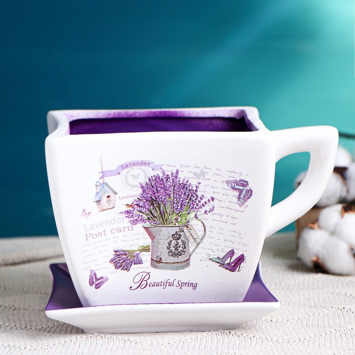 Декоративный горшок для цветов «Прованс», 800 мл, 17×13×11 см, керамика, с поддоном, белый, сиреневый, Greengo - Фото 1