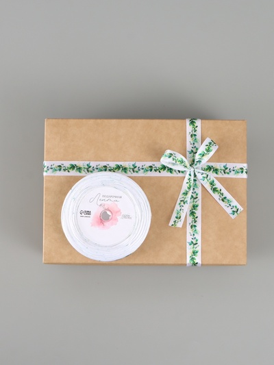 Лента атласная «Весенние листочки», 15 мм × 18 ± 1 м, цвет белый