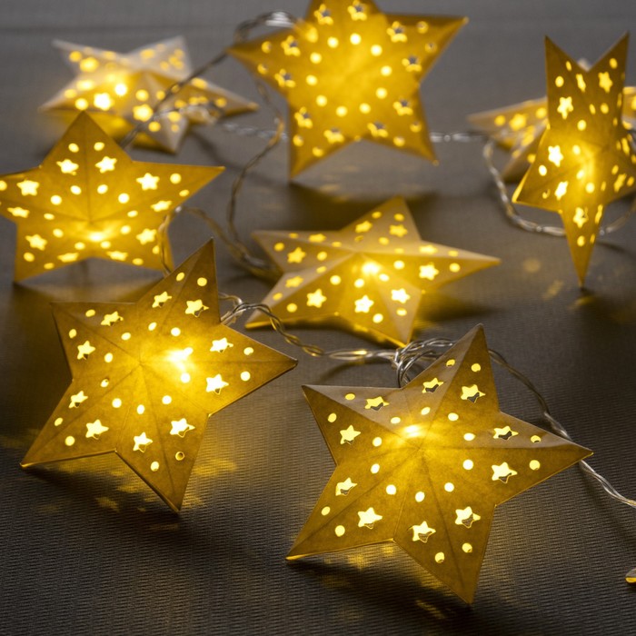 УЦЕНКА Гирлянда «Нить» 2 м с насадками «Бумажная звезда», IP20, 10 LED, от батареек AAх2, прозрачная нить, свечение тёплое белое - Фото 1