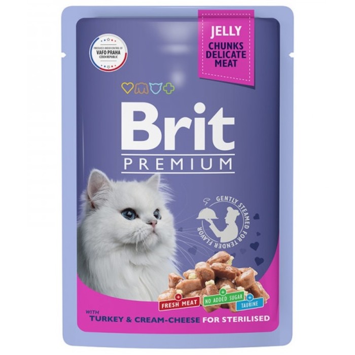 Влажный корм Brit Premium для стерилизованных кошек, индейка с сыром в желе, пауч, 85 г - Фото 1
