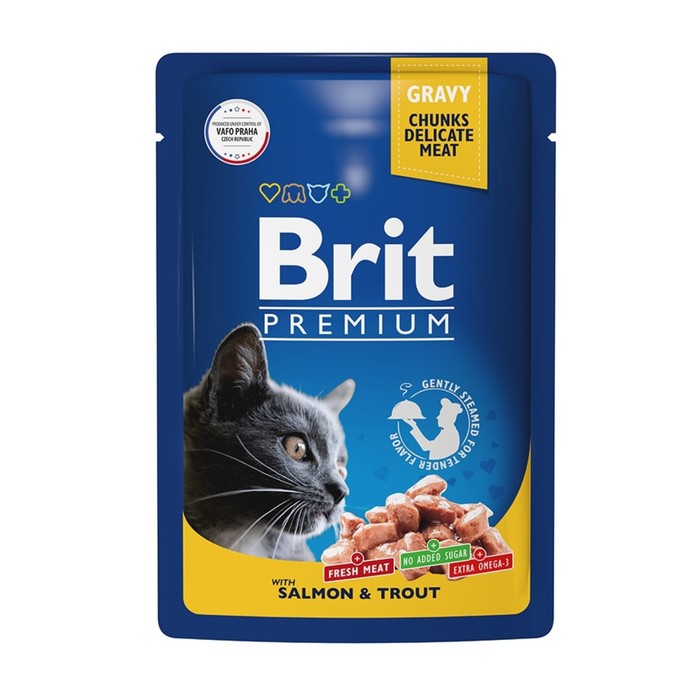 Влажный корм Brit Premium для кошек, лосось и форель в соусе, пауч, 85 г - Фото 1