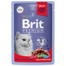 Влажный корм Brit Premium для стерилизованных кошек, мясное ассорти с потрошками, желе, 85г   938379