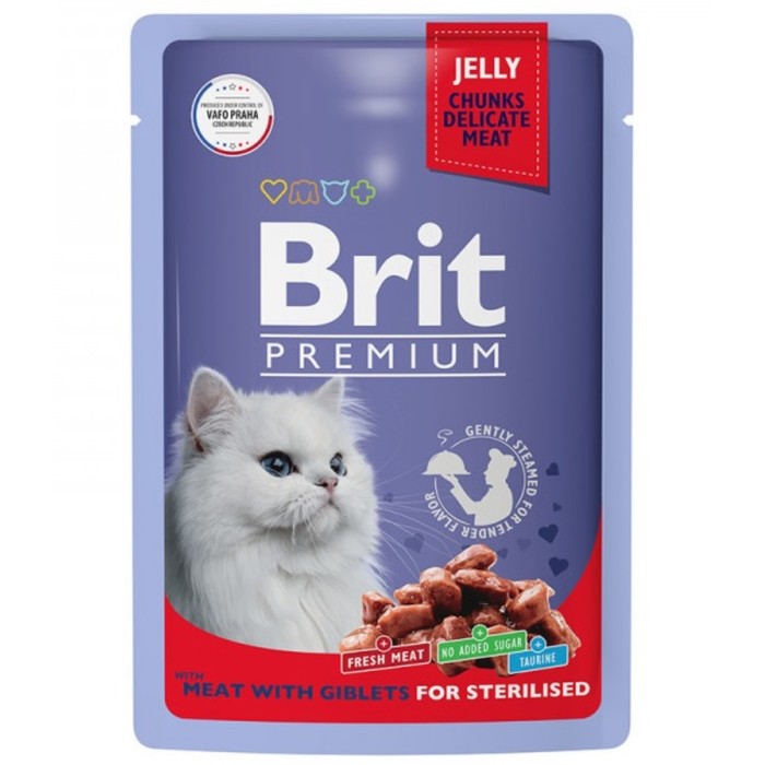

Влажный корм Brit Premium для стерилизованных кошек, мясное ассорти с потрошками, желе, 85г 938379