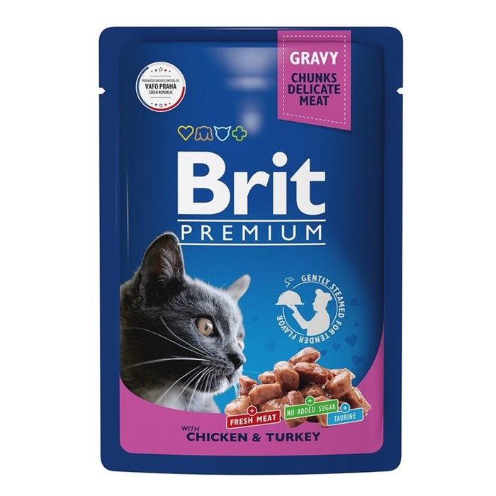 Влажный корм Brit Premium для кошек, цыпленок и индейка в соусе, пауч, 85 г - Фото 1