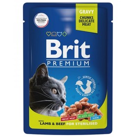 Влажный корм Brit Premium для стерилизованных кошек, ягненок и говядина в соусе, пауч, 85 г   938381