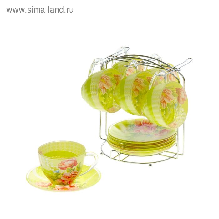Сервиз чайный из стекла "Июнь", 12 предметов на подставке: 6 чашек 220 мл, 6 блюдец - Фото 1