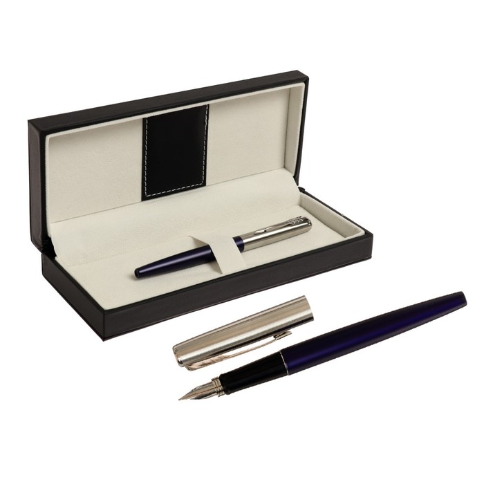 Ручка подарочная перьевая в кожзам футляре, корпус синий с серебром - Фото 1