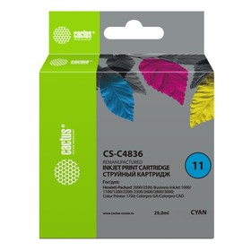 Картридж Cactus CS-C4836 №11, для HP BIJ 1000/1100/1200/2200/2300/2600/2800, 29 мл, цвет голубой