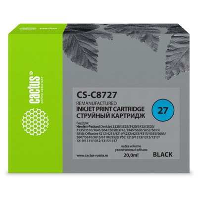 Картридж струйный Cactus CS-C8727 №27, для HP DJ 3320/3325/3420/3425/3520, 20 мл, цвет чёрный