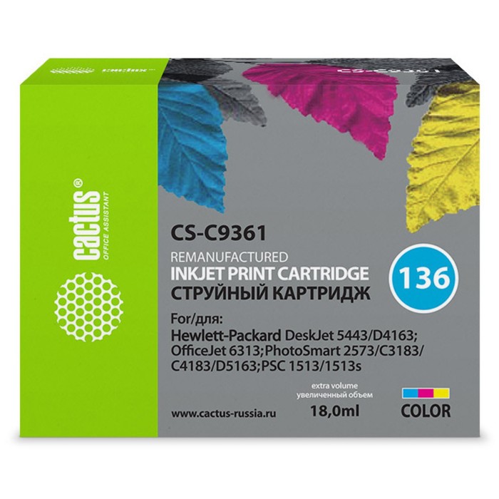 Картридж Cactus CS-C9361 №136, для HP DJ 5443/D4163/DJ 6313/PS 2573, 18 мл, многоцветный - фото 51305360 Картридж Cactus CS-C9361 №136, для HP DJ 5443/D4163/DJ 6313/PS 2573, 18 мл, многоцветный - фото 51305360