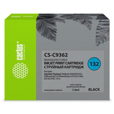 Картридж Cactus CS-C9362 №132, для HP DJ 5443/D4163/DJ 6215/PS 2573/C3183/D5163, 7 мл, цвет чёрны