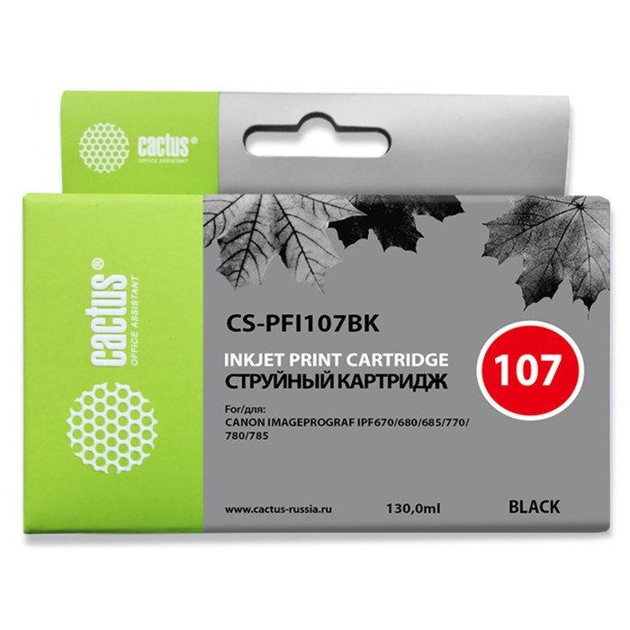 Картридж Cactus CS-PFI107BK, для Canon IP iPF670/iPF680/iPF685/iPF770/iPF780, 130 мл, цвет чёрный
