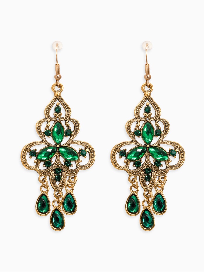 Серьги висячие со стразами «Восток» трилистник, цвет зелёный в чернёном золоте, 8 см - Фото 1