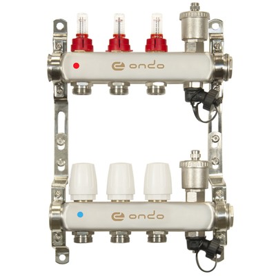 Коллекторная группа ONDO, 1"х3/4", 3 выхода, с расходомерами, нержавеющая сталь