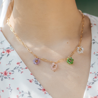 Колье «Лето» цепь и цветы, цветная в золоте, L= 40 см