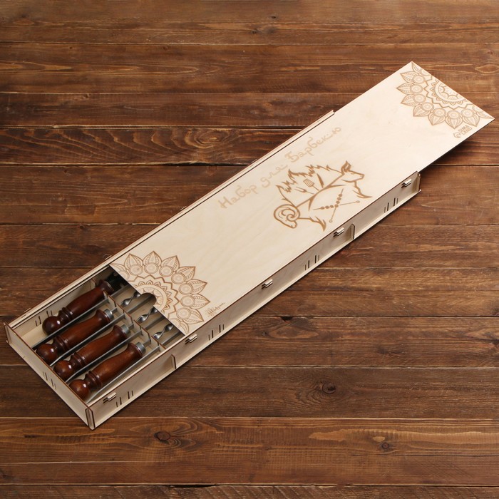 Набор с шампурами подарочный "Шафран", 8 предметов, в деревянной коробке, шампуры 50см - фото 1904668591