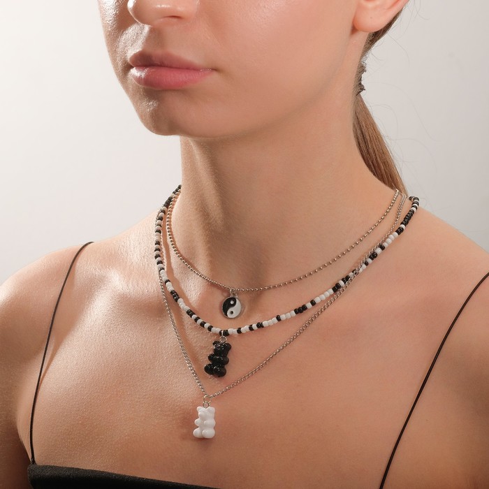 Кулон на декоративной основе «Инь-Ян» мармеладные мишки, цвет чёрно-белый в серебре, L=55 см - Фото 1