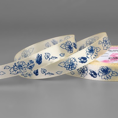 Лента атласная «Пионы», 15 мм, 23±1 м, сливочная №002