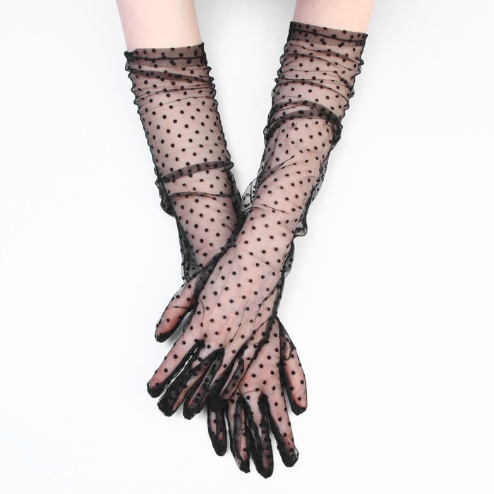 Карнавальные перчатки, цвет черный в горох, длинные - фото 1926552673