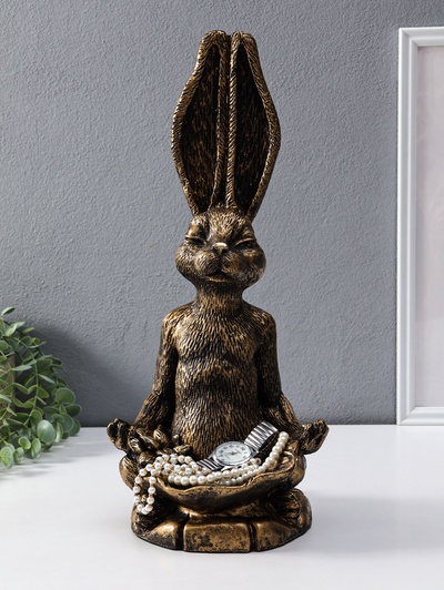 Фигура - подставка для мелочей полистоун «Заяц с лотосом», 20×16×43 см, под золото