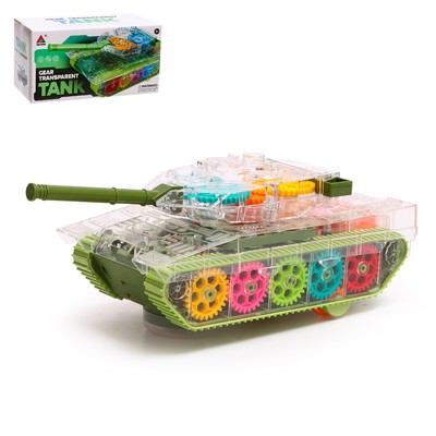 Танк «Шестерёнки», свет и звук, работает от батареек, цвет зелёный, уценка