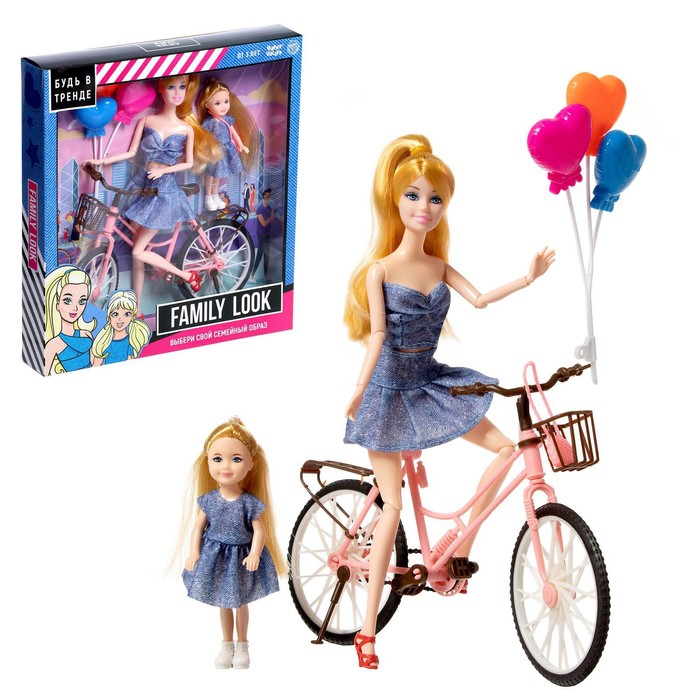Кукла с дочкой Family Look на велосипеде, джинс, уценка - Фото 1
