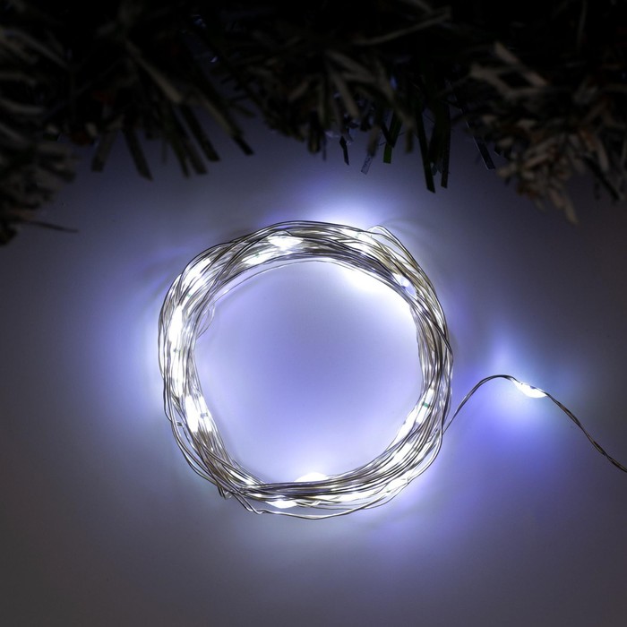 УЦЕНКА Гирлянда «Нить» 5 м роса. IP20, серебристая нить. 50 LED, от батареек ААx3, 2 режима, свечение белое - Фото 1