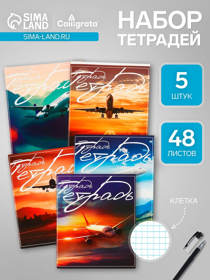 Набор тетрадей, 48 листов в клетку, Calligrata «Самолеты», серые листы, 5 штук - Фото 1