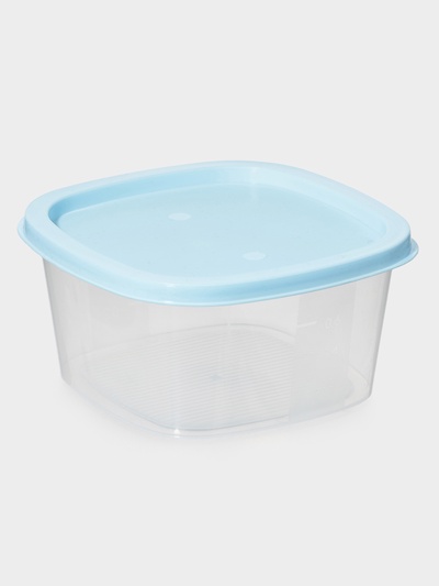 Контейнер пищевой, 900 мл, 14.9×14.9×7.4 см, квадрат, прозрачный, крышка голубая