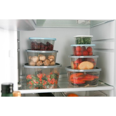 Контейнер пищевой, 900 мл, 14.9×14.9×7.4 см, квадрат, прозрачный, крышка голубая