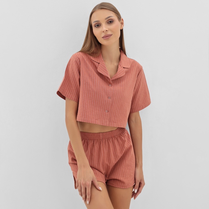 Пижама женская (рубашка и шорты) KAFTAN "Полоска" р.48-50, коралл - Фото 1