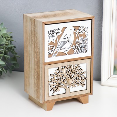 Шкатулка для украшений «Комод 2 ящика. Дерево и птичка», бежево-белая, 10×14×22 см