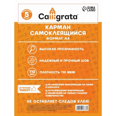 Карман самоклеящийся А4, 223×303 мм, комплект 5 штуки, Calligrata, 110 мкм, на лицевую сторону папок и любые гладкие поверхности