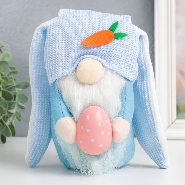 Кукла интерьерная "Гном с пасхальным яичком и зайчьими ушами" голубой 20х7х9 см