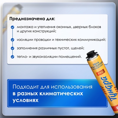 Пена монтажная ТУНДРА ПРОФИ, пистолетная, всесезонная, выход 65 л, 850 мл