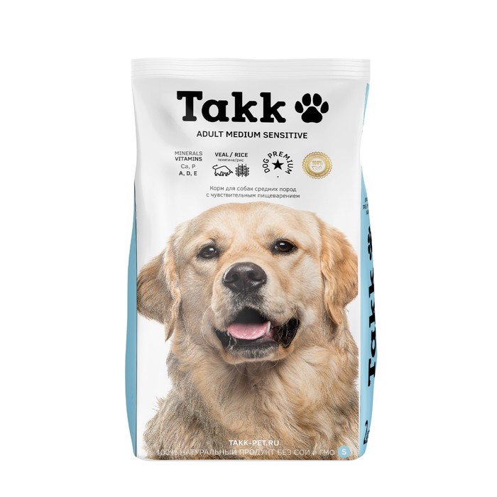 Сухой корм TAKK для собак средних пород с чувствительным пищеварением, телятина/рис, 2 кг - Фото 1