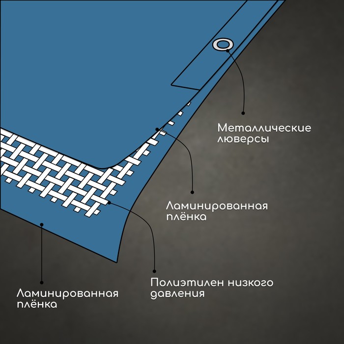 Тент защитный, 4 × 3 м, плотность 60 г/м², люверсы шаг 1, тарпаулин, синий - фото 1897325529
