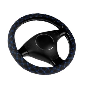 Оплетка на руль Nova Bright экокожа, черная, прострочка синий ромб, размер М