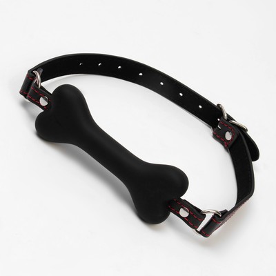 Кляп БДСМ «Косточка», 15×2.5 см, силикон, кожа, черная