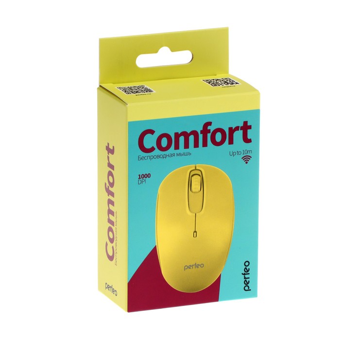 Мышь Perfeo "COMFORT", беспроводная, оптическая, 1000 dpi, 2xAAA (не в компл), жёлтая - фото 51306621