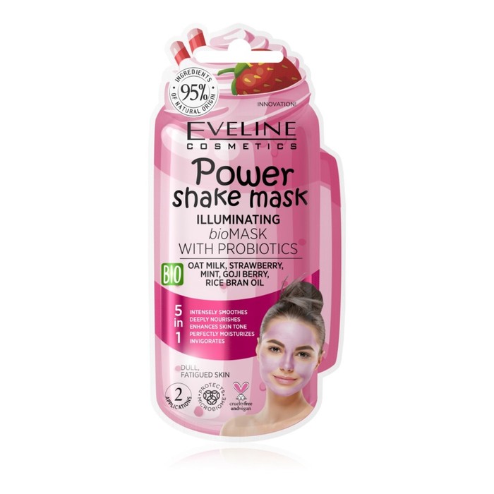 Bioмаска для лица Eveline Power Shake Mask, для сияния кожи с пробиотиками, 10 мл - Фото 1